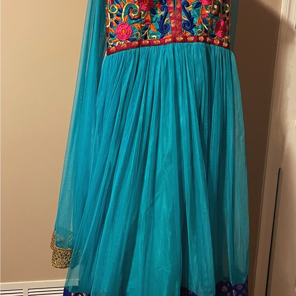 Elegant Blue Dress with Colorful Embroidery